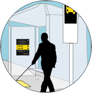 Imagem da etapa 1 onde mostra um desenho de uma pessoa com deficiência visual chegando em um ponto de ônibus onde há o painel do ViiBus instalado